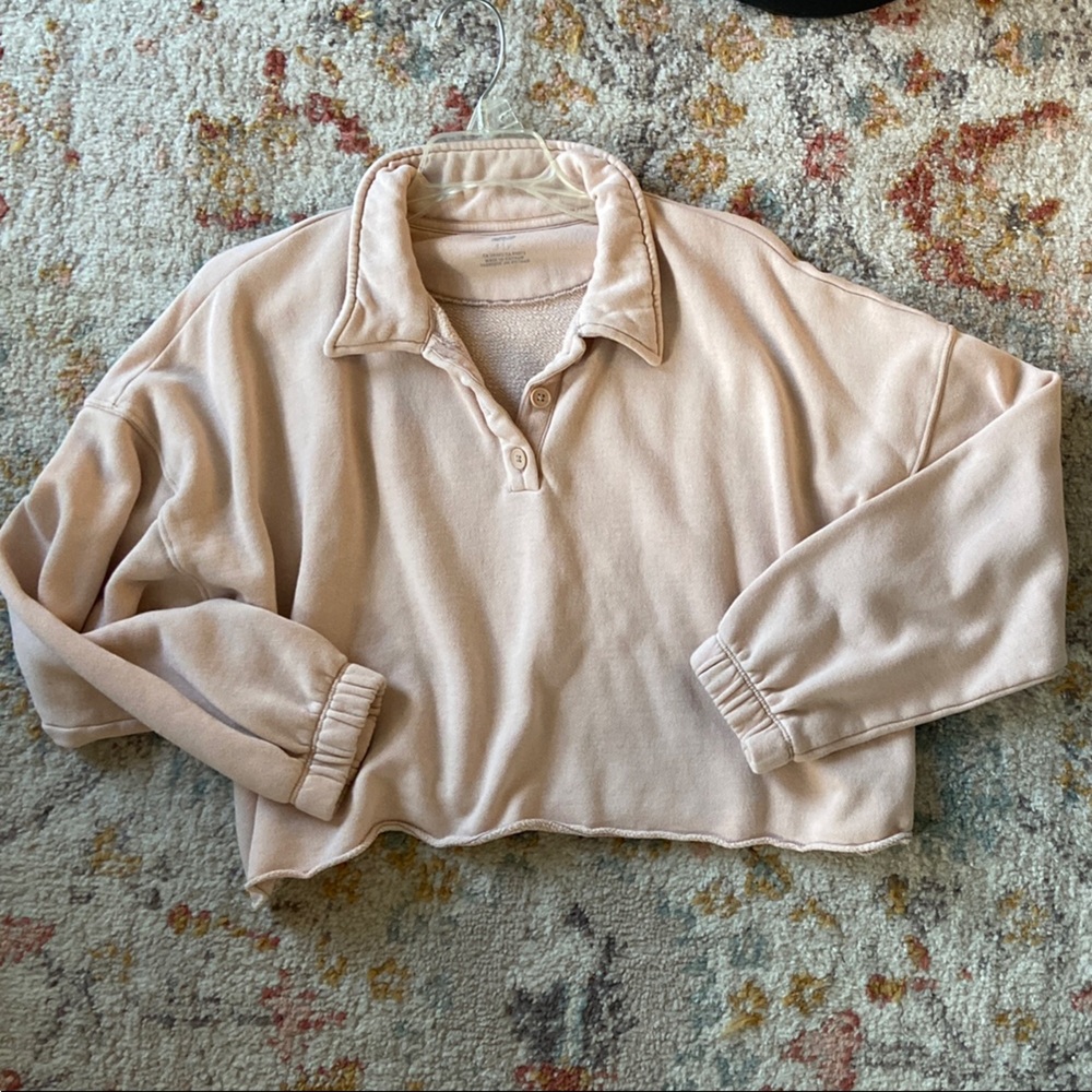 Aerie Cream Polo Crop Top Relaxed Fit